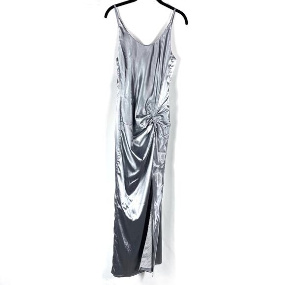 Superdown Cerina Maxi Dress Silver Metallic Knot Slit Open Back Sleeveless Sz M - Picture 6 of 14